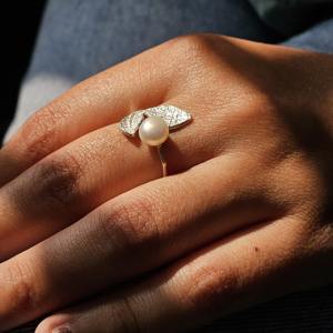 Bague ajustable en argent sterling 925, légère, avec perle d'eau douce, design feuille, élégante, stylée, accessoire de bijouterie unisexe - Product Image 3