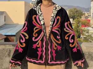 <b>Women</b>’s Hand Embroidered <b>Velvet</b> <b>Jacket</b> | Vintage Ethnic Floral Open Front Outerwear | Custom Wholesale Manufacturer - Product Image 6