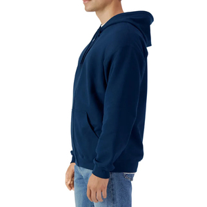 Men's <b>Navy</b> Blue Hooded Zip-Up Fleece <b>Sweatshirt</b> Regular Fit Casual Solid Color 100% Cotton Autumn Wear - Product Image 4