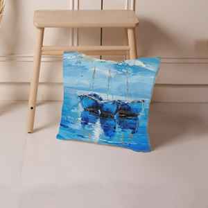 Coussin imprimé moderne avec bateaux et paysage marin abstrait bleu, 20"x36" ou 50x90 cm - Product Image 3