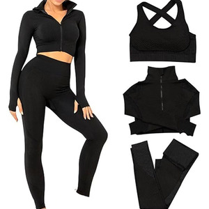 Ensemble d'entraînement sans couture 3 pièces pour femmes soutien-gorge de sport veste zippée leggings taille haute-vêtements de sport respirants pour fitness solide - Product Image 3