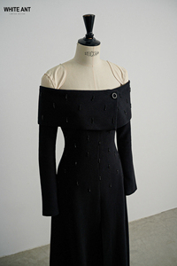 Robe LYNNE élégante à manches longues, avec perles faites à la main, robe noire et blanche pour femmes, tissu en jersey mélangé de coton - Product Image 5