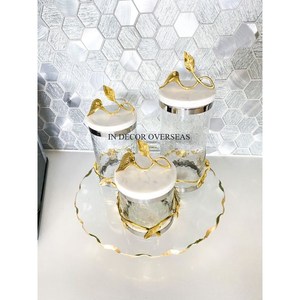 Collection d'art créatif moderne Base et couvercle supérieur en métal de haute qualité plaqué or avec feuilles pour bidons en verre transparent - Product Image 6