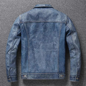 Veste en jean pour hommes veste en cuir véritable denim bleu clair personnalisée pour les hommes avec logo vente en gros - Product Image 2