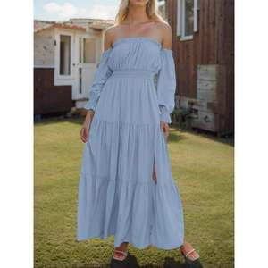 เดรสยาวเปิดไหล่สำหรับผู้หญิง, เดรสแม็กซี่เดรสเกาะอกแขนยาว100% ผ้าเรยอนชายหาดยาวคลุมพื้น - Product Image 1