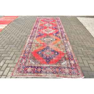 4.6x12.9 ft Vintage Turkish Rug, <b>Runner</b> Rug, <b>Red</b> Striped Rug - Product Image 1