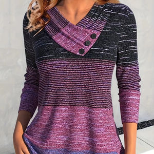 Camiseta de Manga Larga con Cuello en V de Jersey Transpirable para Mujer, Diseño Casual de Otoño e Invierno con Botones y Rayas Bordadas en Contraste - Product Image 1