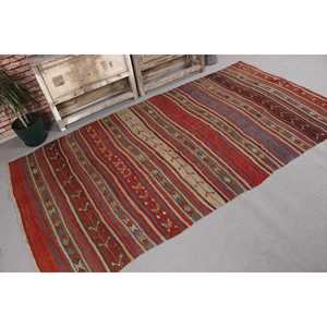 Tapis Kilim Turc Vintage 4,6x8,4 pieds en Laine Rouge Écologique avec Motif Patchwork et Dos en Latex - Product Image 3