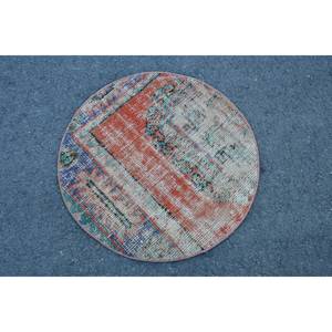 Alfombra turca de lana naranja y azul vintage con respaldo de látex-Respetuoso con el medio ambiente 2.3ft X 2.3ft - Product Image 2