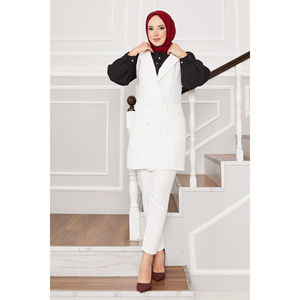 Conjunto de Pantalones y Chaleco Largo Color Crudo para Mujer, Blazer con Cuello de Pañuelo, Doble Botonadura, Decoración Casual, Estilo Elegante para Verano y Otoño - Product Image 4