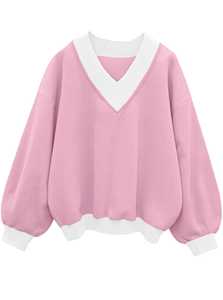 Sweat-shirt à capuche oversize à col en V contrasté, coupe ample, en polaire doux, imprimé, écologique, respirant, pour femme, long, pour l'hiver, devant - Product Image 6