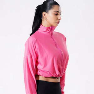 Vente en gros de haut à fermeture éclair pour femmes couleur rose 100% sweats à capuche en coton logo personnalisé fermeture éclair courte pour femmes - Product Image 1