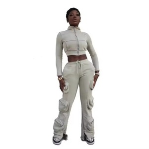 Poches latérales nouvelle mode pantalons de survêtement femmes Flare fermeture éclair bas femmes culture fermeture éclair à capuche femmes Cargo pantalon - Product Image 2