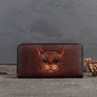 Dompet Kartu Panjang Premium Berbahan Kulit Asli dengan Ritsleting RFID dan Motif Kucing, Fashion Unisex