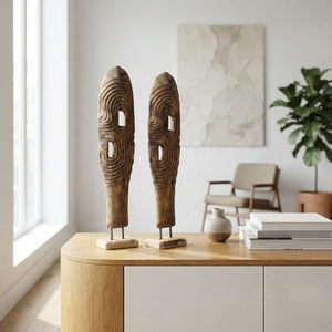 Sculpture ovale Lumintu Baygon en bois de teck sculpté à la main, style moderne, avec double anneau, base de statue, unités décoratives d'appoint pour mariage - Product Image 3