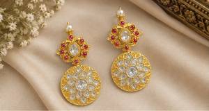 Boucles d'oreilles chandelier Tishya pour femme en alliage d'argent plaqué or jaune 14 carats avec imitation moissanite taille brillant rond, bijoux de mariage - Product Image 3