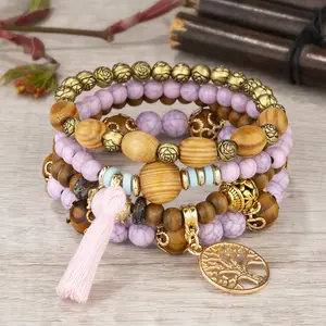 Bestone Offre spéciale Ensembles de bracelets de bohême perles ajustables personnalisés Bracelets en bois