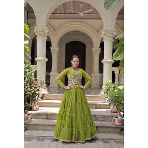 LAUNCHING FESTIVE MODERN PARTY WEAR LEHENGA CHOLI FABRIC LEHERIYA PRINT WORK with ATTRACTIVE <b>GOTA</b> PATTI LACE - Product Image 1
