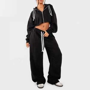 Pequeño patrón sólido pantalones de chándal con doble cordón con capucha recortada de longitud completa dobladillo crudo ropa de calle de invierno conjunto de chándal de talla grande - Product Image 1