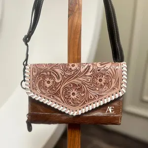 Neuzugang handgefertigte geschnitzte Lederschatulle Telefonhülle stilvolles Rinderleder weiße Stich-Brieftaschen für Damen