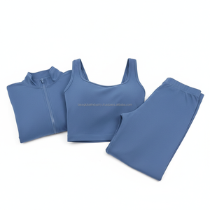 ชุดโยคะผู้หญิงแบบ 3 ชิ้นสั่งทำ OEM เสื้อแจ็คเก็ตซิปเต็มตัวพร้อมช่องสอดนิ้วโป้ง เสื้อครอปคอวี และเลกกิ้งเอวสูง ชุดออกกำลังกายสำหรับฟิตเนสและยิม - Product Image 5