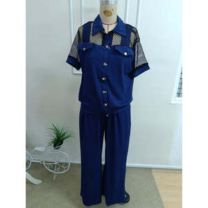 Conjunto de chaqueta y pantalón de modal con detalle de malla, cuello y botones frontales, manga corta para mujer, Descripción: 37678 - Azul marino - Product Image 6