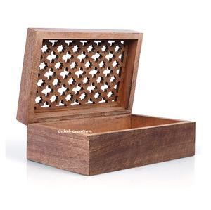 Boîte à souvenirs en bois brun avec motif en treillis et couvercle à charnière Boîte de rangement décorative pour bijoux, cadeaux et organisation de la maison - Product Image 1