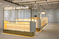 Kiosque de réparation et d'affichage de téléphones portables en verre trempé sur mesure, design moderne pour centre commercial, intégration au point de vente, meilleur service après-vente