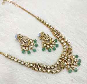 ทำด้วยมือจริงชุด kundan ทองเหลืองโลหะแบบดั้งเดิมอินเดียเจ้าสาวสร้อยคอและต่างหูกับเพทายสำหรับงานปาร์ตี้ - Product Image 2