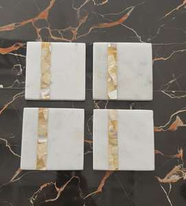 Ensemble de dessous-de-verre en marbre blanc, carreaux carrés, 4 à 6 pièces, dessous-de-verre en pierre naturelle, incrustation de nacre, dessous-de-verre à thé - Product Image 2