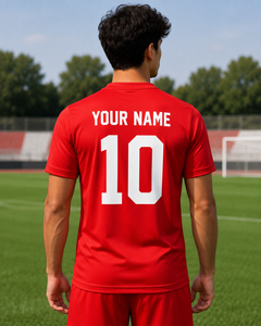 เสื้อฟุตบอลสั่งทำสีแดง พิมพ์ลายแบบซับลิเมชั่น ชื่อทีม หมายเลข 100% โพลีเอสเตอร์ แห้งเร็ว ขายส่ง ชุดฟุตบอลแบบ OEM - Product Image 3