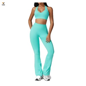 Ropa de gimnasio personalizada para mujer, Sujetador deportivo de secado rápido con cuello en U, mallas, conjuntos de Yoga transpirables de talla grande, entrenamiento Reversible sólido de 2 piezas - Product Image 1