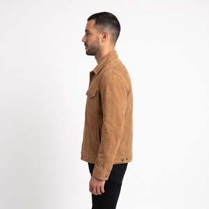 Veste en daim pour homme, style trucker, fermeture à boutons pression sur la poitrine, poches à rabat, daim véritable, logo personnalisé, OEM, vente en gros - Product Image 3