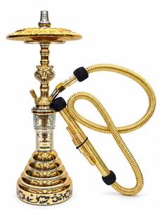 Ensemble de chicha miniature de luxe Lion |   Chicha égyptienne artisanale en laiton massif avec vase en verre métallisé doré cannelé et plateau double face - Product Image 1