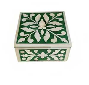 Ensemble de sous-verres élégants en noyer incrusté d'os Tapis de boisson décoratifs faits à la main au design de fleurs vertes et blanches - Product Image 3