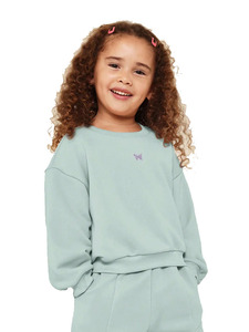 Ensemble de survêtement en coton bleu clair pour filles, manches longues, col rond, coupe ample décontractée avec poches latérales, tenue de printemps - Product Image 3