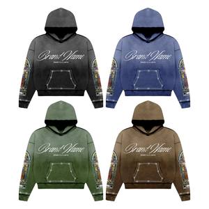 À la mode Acide Lavé Pull À Capuche pour Femmes 100% Coton Vintage Imprimé Applique Broderie Hiver Chaud Côtelé Poignets Marron - Product Image 1