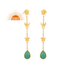 ต่างหูพลอยโอนิกซ์สีเขียวธรรมชาติชุบทอง18K สุดฮิตต่างหูแบบห้อยอัญมณีสีเขียวเงินแท้ - Product Image 1