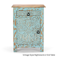 Table de chevet vintage en bois massif sculpté à la main - Style shabby chic moderne avec tiroir de rangement turquoise et motif floral en relief, durable pour appartement