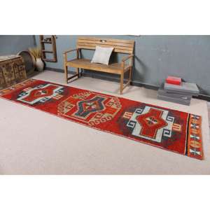 Alfombra Vintage de 3.2x11.3 pies, Alfombra Turca, Alfombra Oriental Roja de Lana - Product Image 1