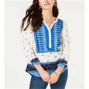 Style Co Women's Cowl Neck <b>Thermal</b> <b>Top</b> Size X-Large Blue Poplin Knitted Fabric Embroidered Breathable Casual Loose for Autumn - Product Image 1