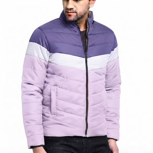 Wholesale High Quality <b>Men's</b> Brown Canvas Color Blocking Puffer <b>Jacket</b> Front <b>White</b> Stripe Stand Collar Zipper Closure Windproof - Product Image 3