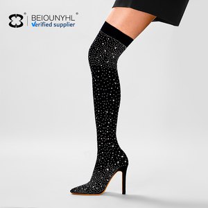 2023 femmes élégant microfibre mince talon haut sur le genou bottes Sexy bout pointu fête femmes cuissardes bottes chaussures pour dame - Product Image 4