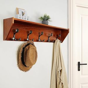 Heavy-Duty TRI Hooks & <b>Rails</b> Coat Rack Weathered Brown Wood <b>Wall</b> Mounted Shelf Organiser for Hallway or Room - Product Image 1