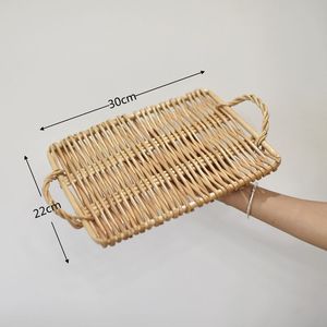 Plateau en rotin de bambou fait main plateau en rotin avec poignée tissé à la main rond haut mur plateaux de séparation des aliments multi-usages - Product Image 4