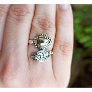Handmade Boho Leaf <b>Ring</b> Natural Pyrite Pear-Shaped <b>Sterling</b> <b>Silver</b> <b>Adjustable</b> Cocktail <b>Ring</b> Women's Jewelry Gift for Birthday - Product Image 6