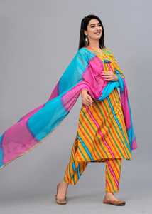 ชุดคุर्ตาพิมพ์ลายเลเฮริยาสำหรับผู้หญิง พร้อมกางเกงขายาวและผ้าคลุมไหล่ชีฟอง ชุดลำลองสวมใส่สบายสำหรับงานปาร์ตี้และชีวิตประจำวัน - Product Image 4