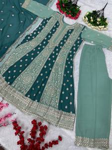Paire de palazzo de couleur vert sarcelle fantaisie très demandée avec broderie travaillée dupatta pour les fêtes et les mariages des femmes indiennes pakistanaises - Product Image 4