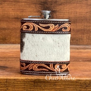 Flasque moderne en étain 6oz en acier inoxydable avec pochette en cuir artisanal, housse en cuir de vachette pour vodka et whisky - Product Image 1