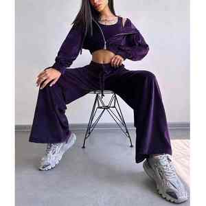 Ensemble de jogging 2 pièces en molleton décontracté avec logo en strass personnalisé 2026, broderie, hiver, uni, violet, pour femmes, style streetwear - Product Image 1